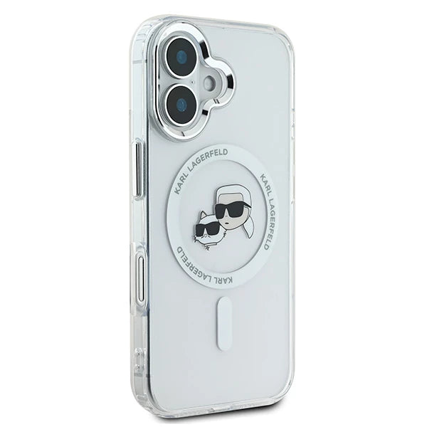 Husa MagSafe pentru Apple iPhone 16 Plus, Karl Lagerfeld, IML Metal Karl & Choupette's Heads, Alba