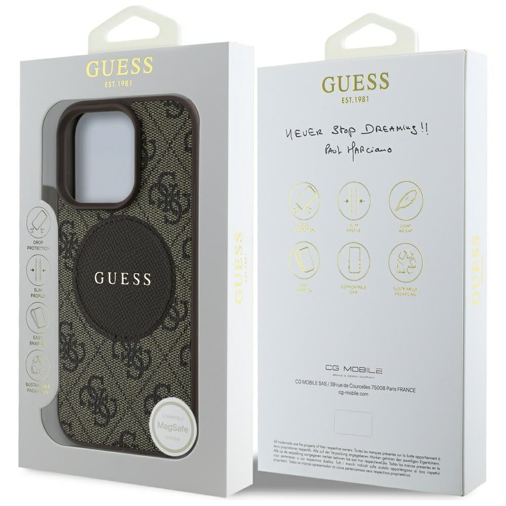 Husa MagSafe pentru Apple iPhone 16 Pro, Guess, 4G Circle Classic Logo, Maro