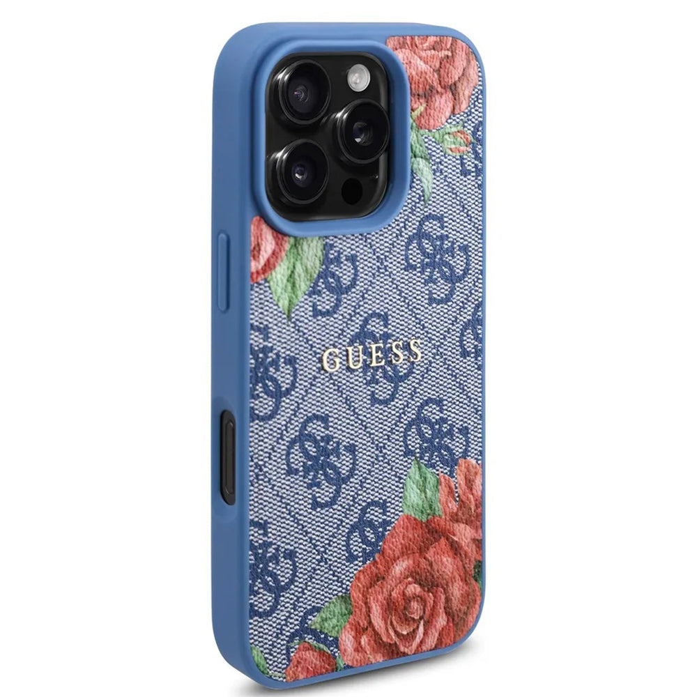 Husa MagSafe pentru Apple iPhone 16 Pro, Guess, 4G Flowers Print, Albastra