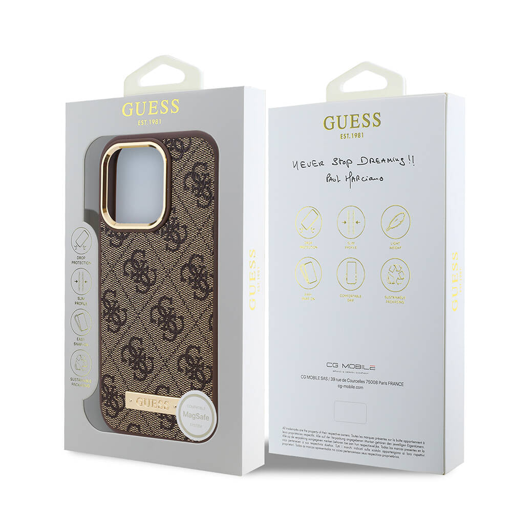 Husa MagSafe pentru Apple iPhone 16 Pro, Guess, 4G Logo Plate, Maro