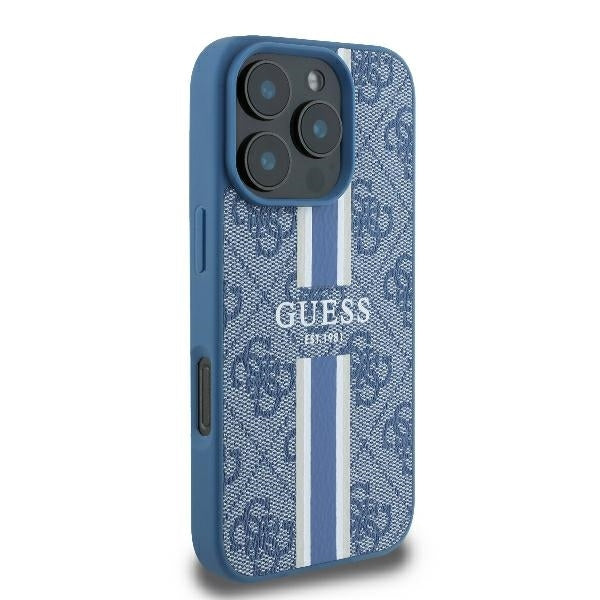 Husa MagSafe pentru Apple iPhone 16 Pro, Guess, 4G Printed Stripes, Albastra