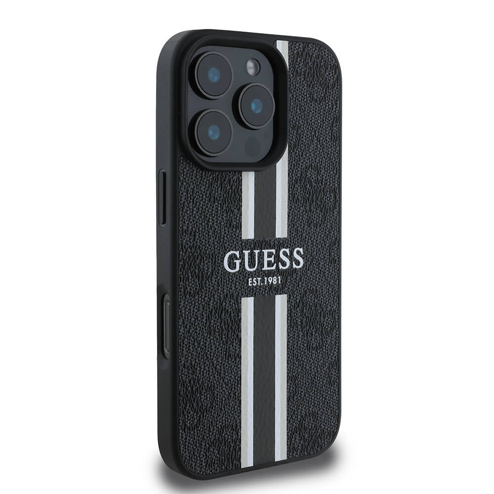 Husa MagSafe pentru Apple iPhone 16 Pro, Guess, 4G Printed Stripes, Neagra
