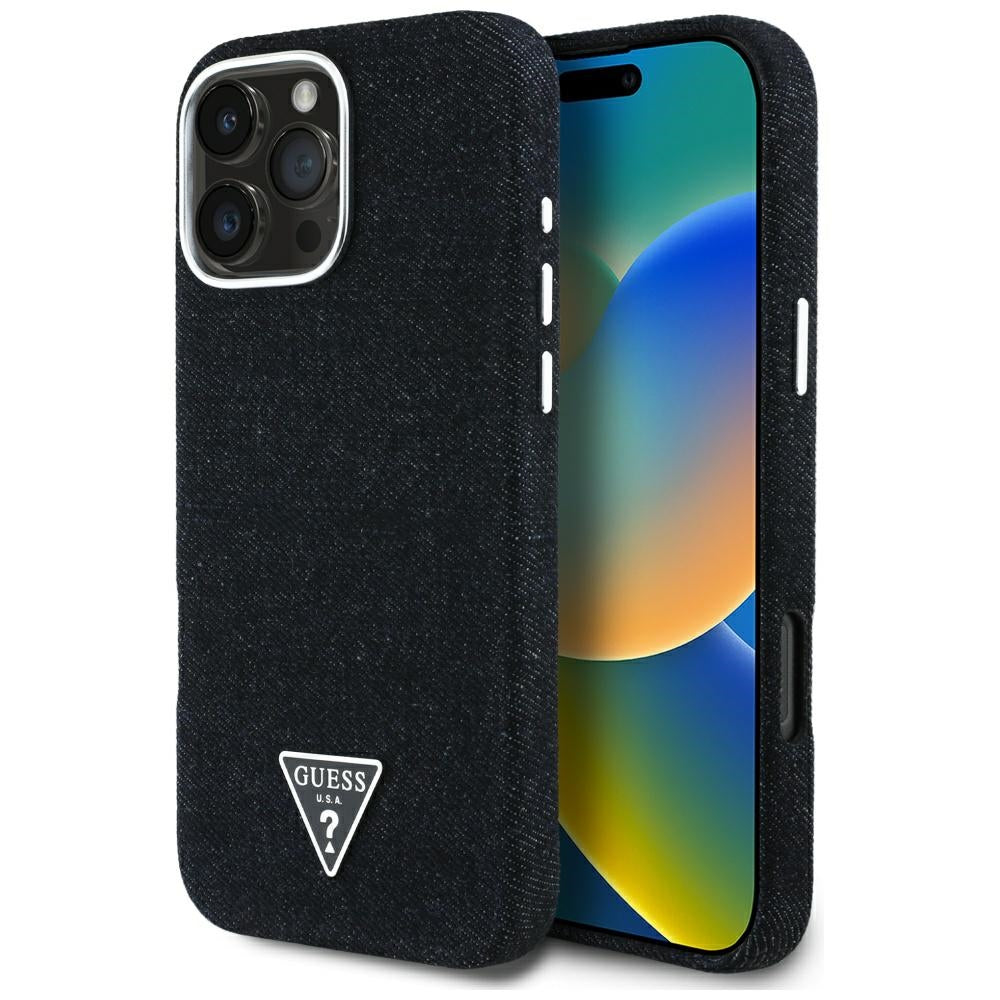 Husa MagSafe pentru Apple iPhone 16 Pro, Guess, Denim Triangle Logo, Neagra