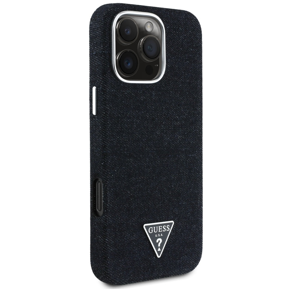 Husa MagSafe pentru Apple iPhone 16 Pro, Guess, Denim Triangle Logo, Neagra