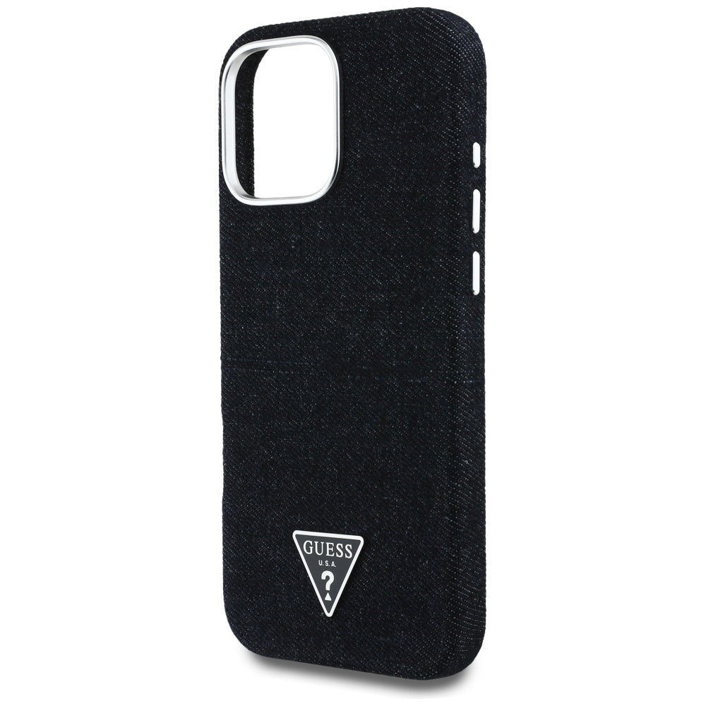 Husa MagSafe pentru Apple iPhone 16 Pro, Guess, Denim Triangle Logo, Neagra