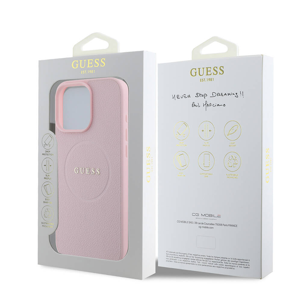 Husa MagSafe pentru Apple iPhone 16 Pro, Guess, Grained Gold Ring, Roz