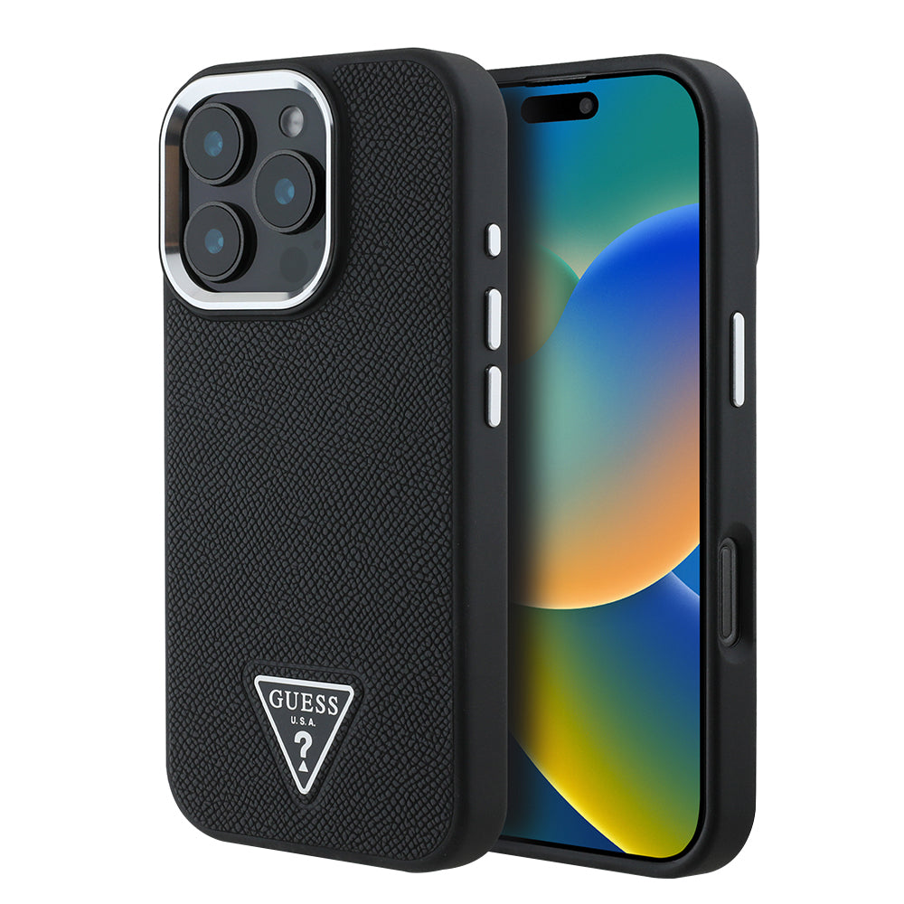 Husa MagSafe pentru Apple iPhone 16 Pro, Guess, Grained Triangle Logo, Neagra