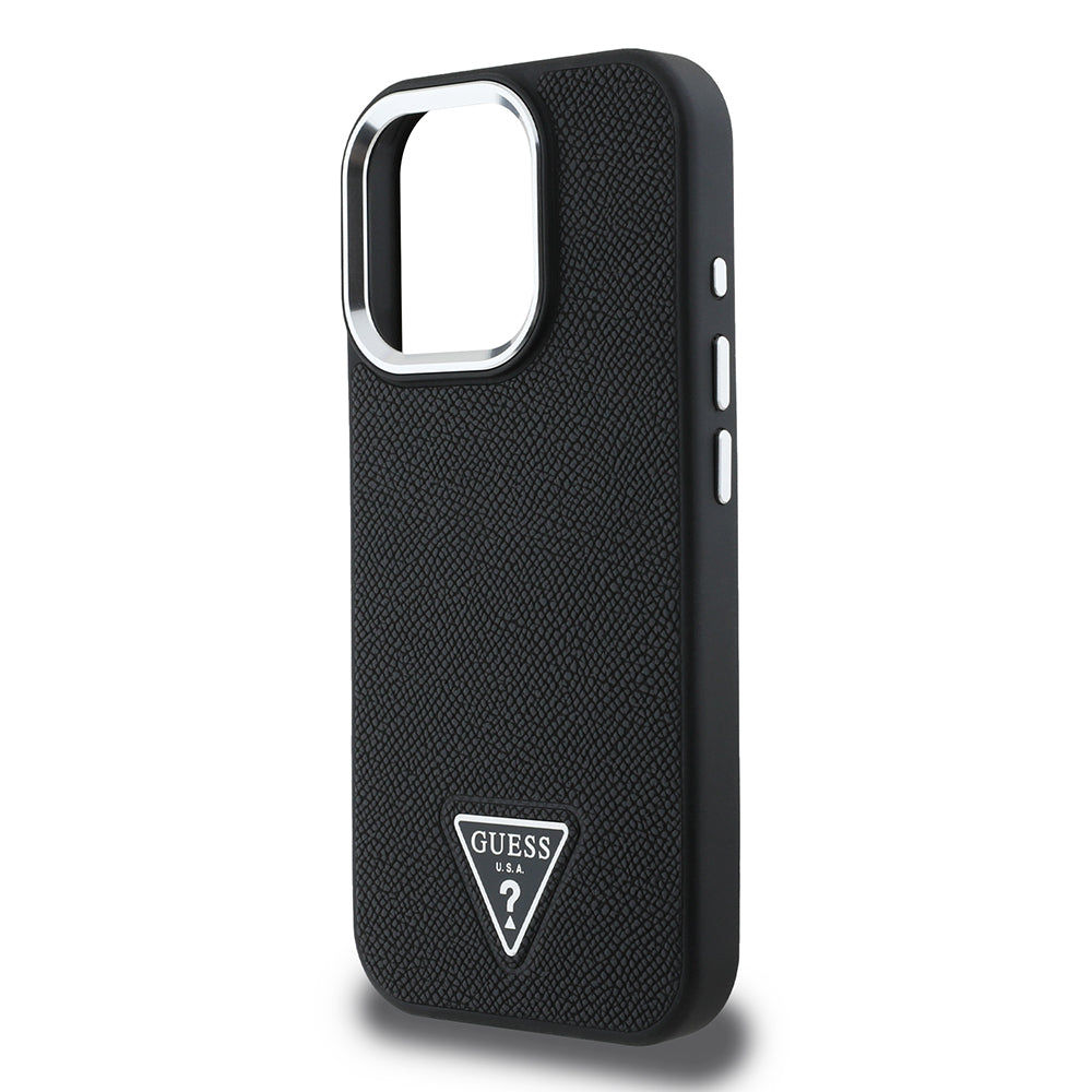 Husa MagSafe pentru Apple iPhone 16 Pro, Guess, Grained Triangle Logo, Neagra