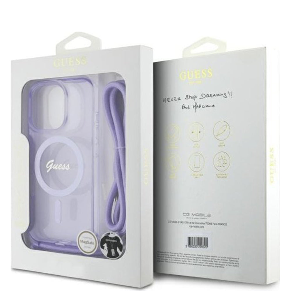 Husa MagSafe pentru Apple iPhone 16 Pro, Guess, IML Crossbody Cord Script, Mov
