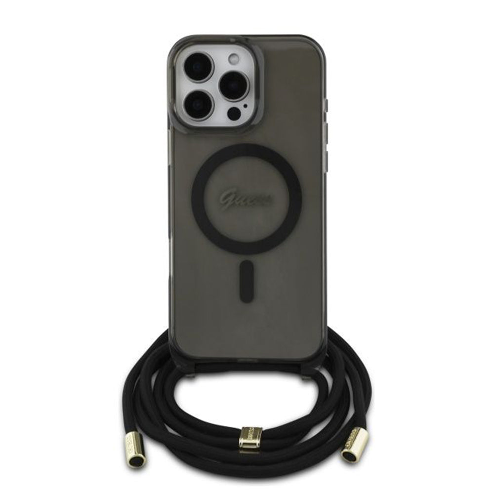 Husa MagSafe pentru Apple iPhone 16 Pro, Guess, IML Crossbody Cord Script, Neagra