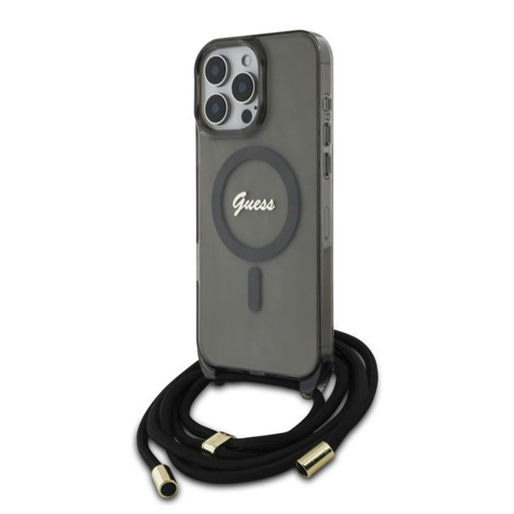 Husa MagSafe pentru Apple iPhone 16 Pro, Guess, IML Crossbody Cord Script, Neagra