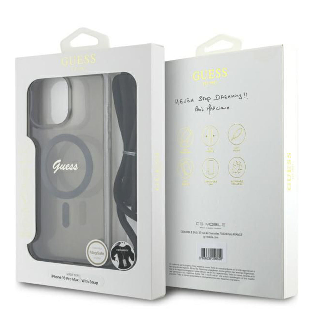 Husa MagSafe pentru Apple iPhone 16 Pro, Guess, IML Crossbody Cord Script, Neagra