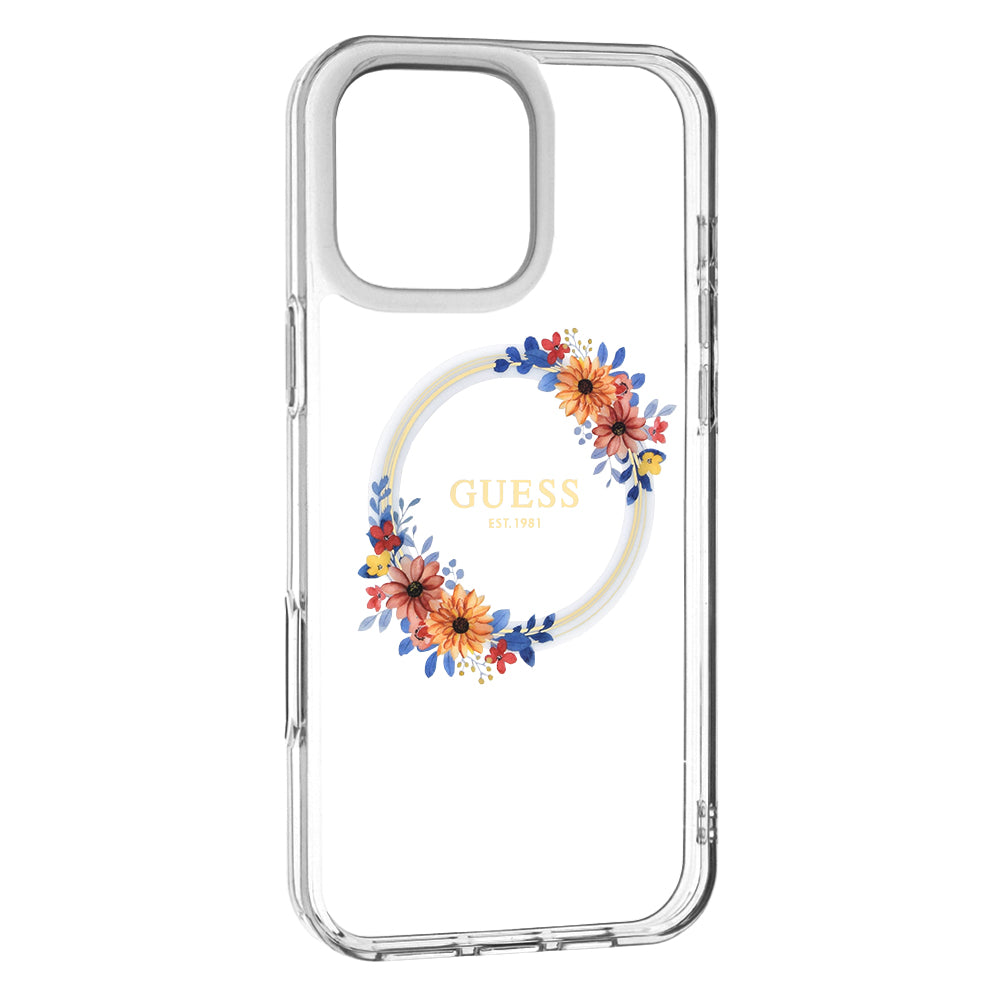 Husa MagSafe pentru Apple iPhone 16 Pro, Guess, IML Flowers Wreath, Transparenta