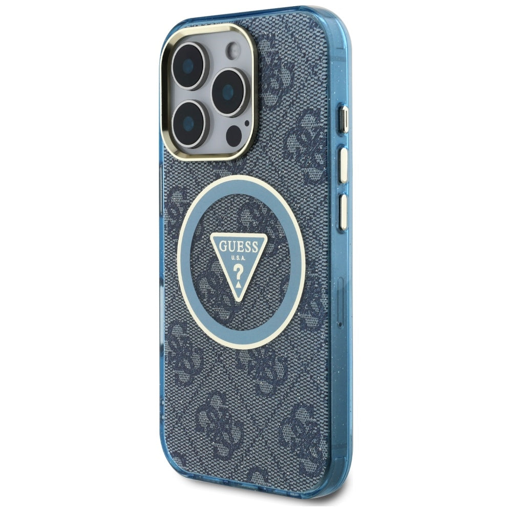 Husa MagSafe pentru Apple iPhone 16 Pro, Guess, IML Glitter 4G Circle Triangle, Albastra