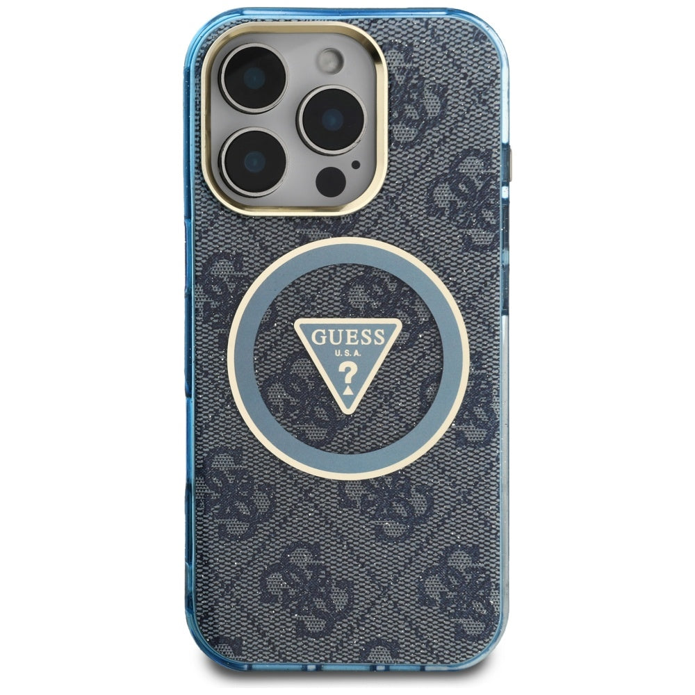 Husa MagSafe pentru Apple iPhone 16 Pro, Guess, IML Glitter 4G Circle Triangle, Albastra