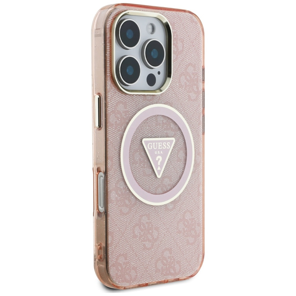Husa MagSafe pentru Apple iPhone 16 Pro, Guess, IML Glitter 4G Circle Triangle, Roz