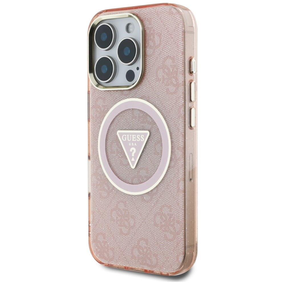 Husa MagSafe pentru Apple iPhone 16 Pro, Guess, IML Glitter 4G Circle Triangle, Roz