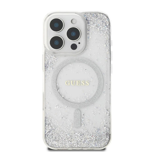 Husa MagSafe pentru Apple iPhone 16 Pro, Guess, IML Glitter Gradient, Argintie