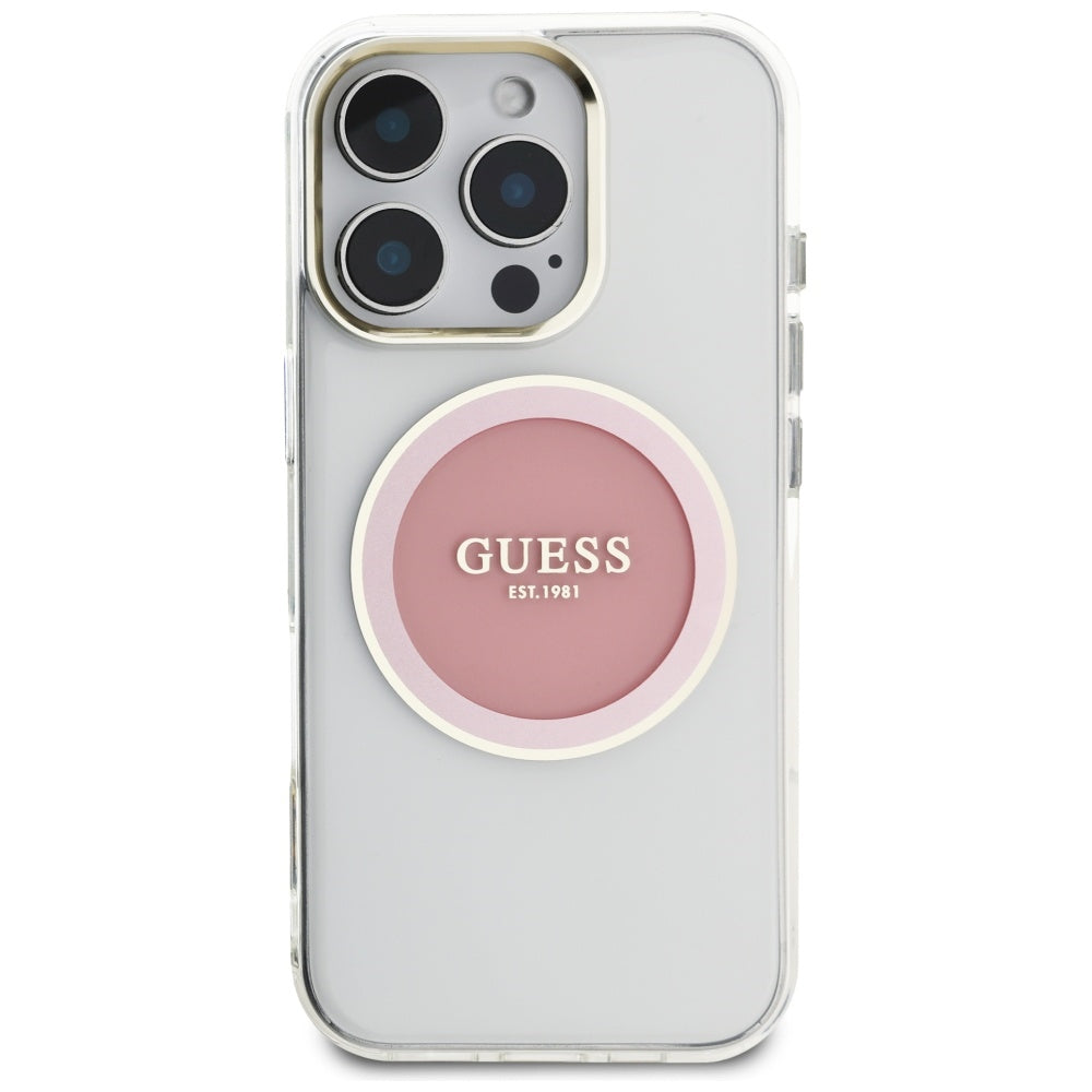 Husa MagSafe pentru Apple iPhone 16 Pro, Guess, IML Metal Colored Circle, Roz