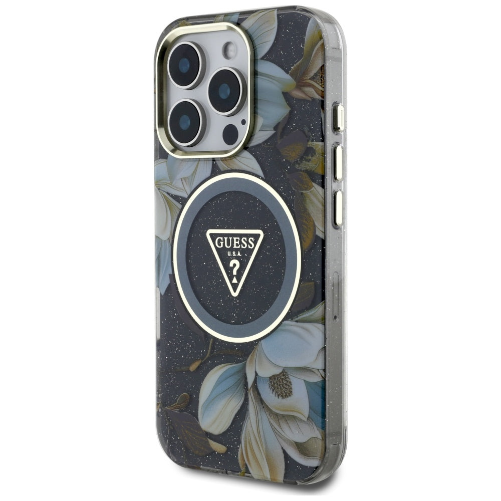 Husa MagSafe pentru Apple iPhone 16 Pro, Guess, IML Metal Glitter Flowers Triangle, Neagra