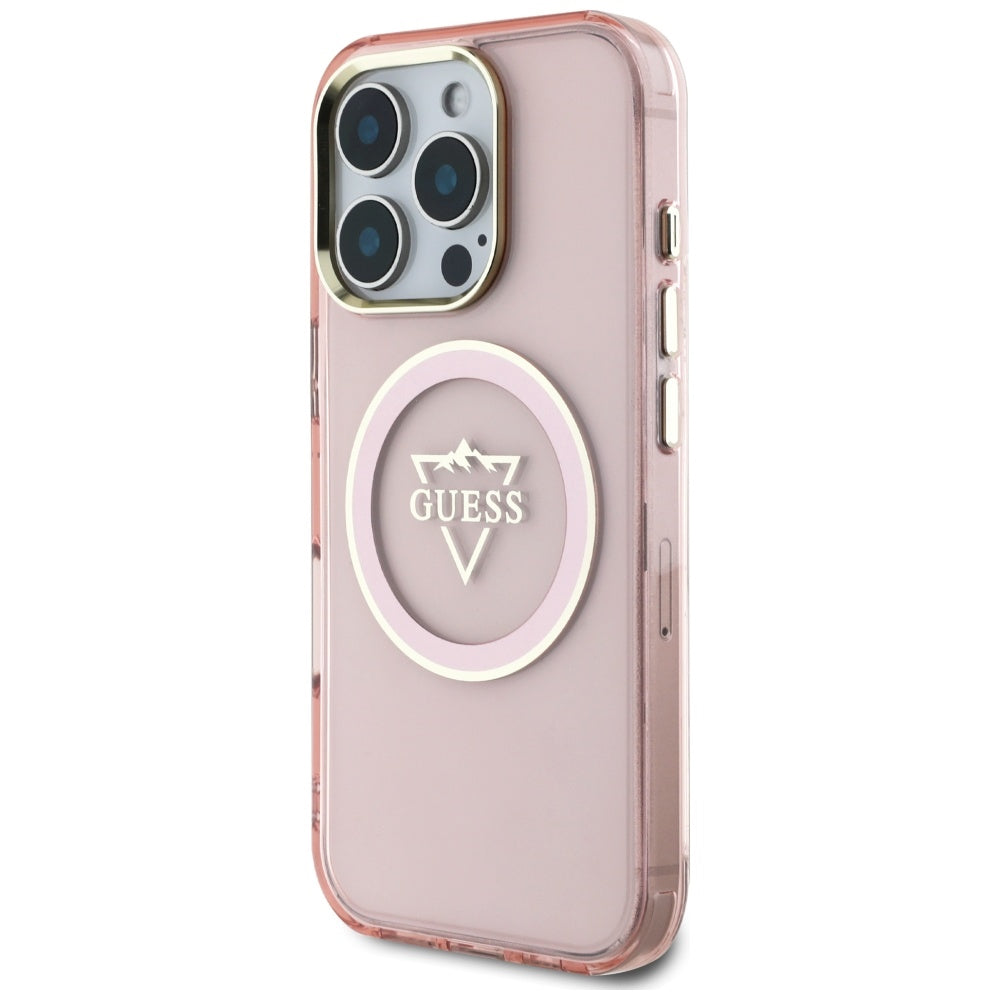 Husa MagSafe pentru Apple iPhone 16 Pro, Guess, IML Metal Mountain Logo, Roz
