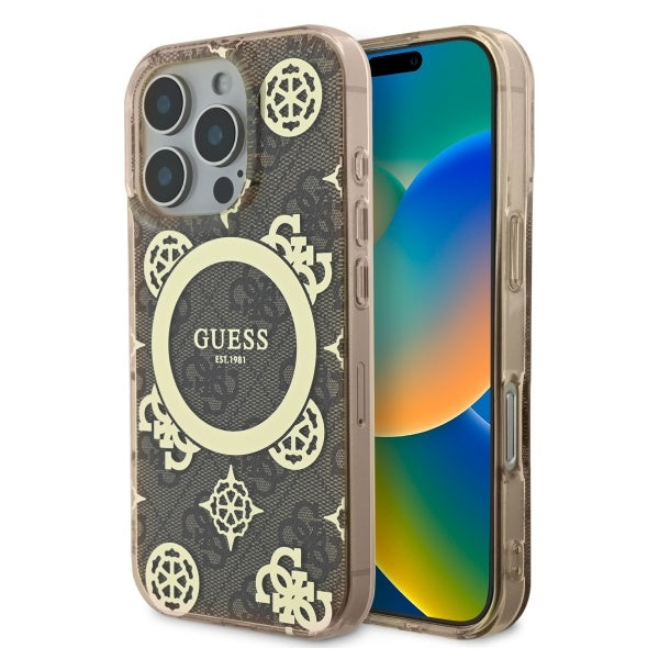 Husa MagSafe pentru Apple iPhone 16 Pro, Guess, IML Peony On 4G Background , Maro