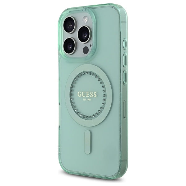 Husa MagSafe pentru Apple iPhone 16 Pro, Guess, IML Rhinestone, Verde