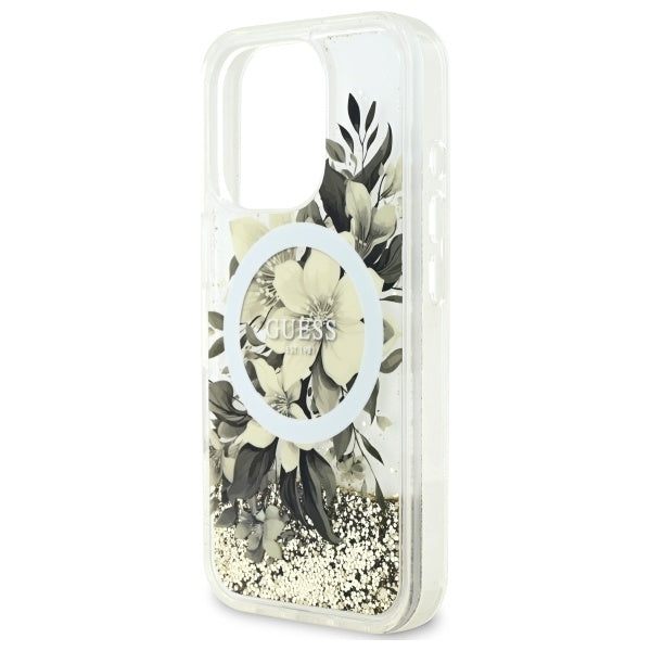 Husa MagSafe pentru Apple iPhone 16 Pro, Guess, Liquid Glitter Flower, Bej