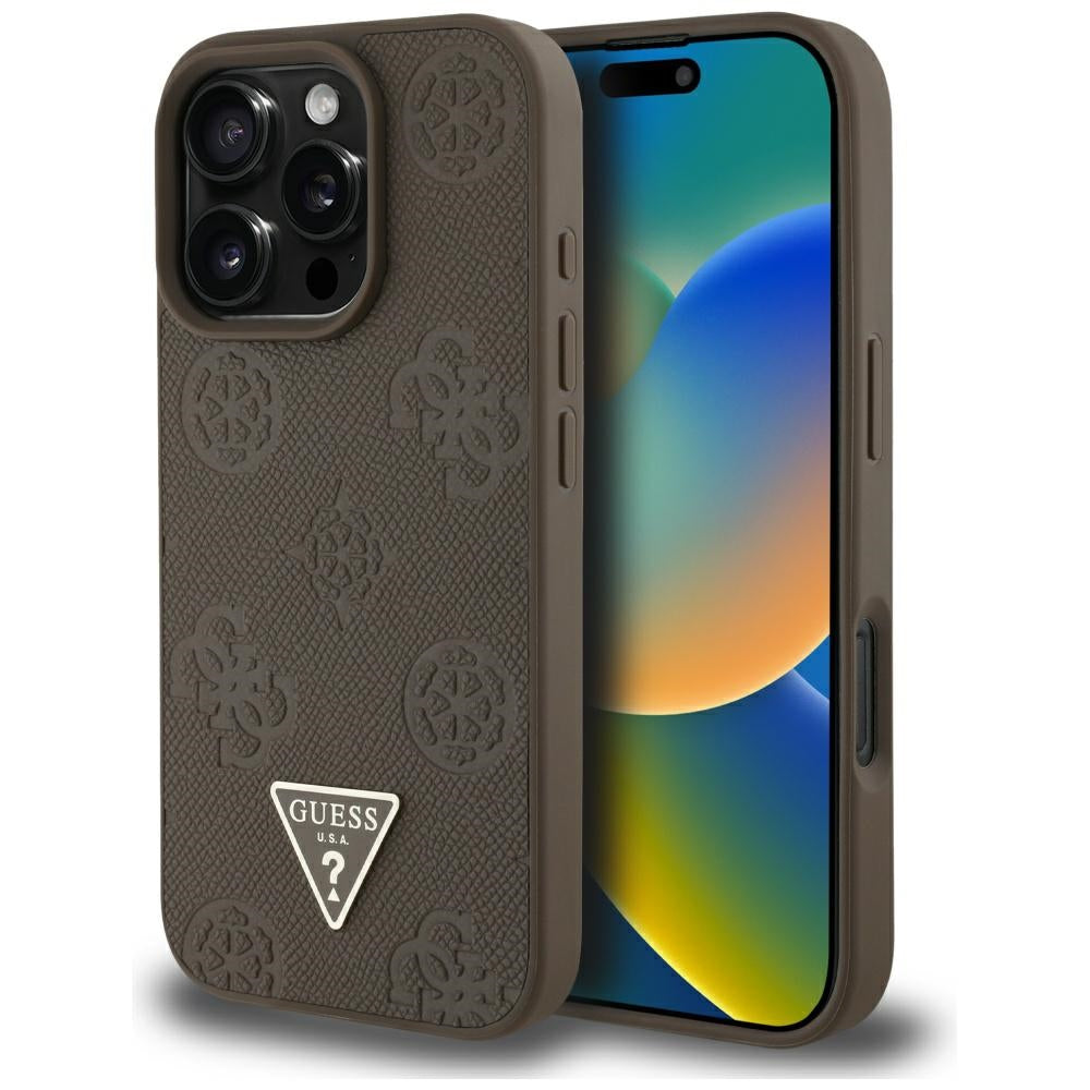 Husa MagSafe pentru Apple iPhone 16 Pro, Guess, Peony Grained Hot Stamp Triangle, Maro