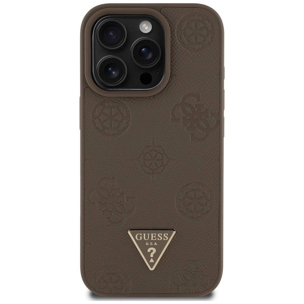 Husa MagSafe pentru Apple iPhone 16 Pro, Guess, Peony Grained Hot Stamp Triangle, Maro