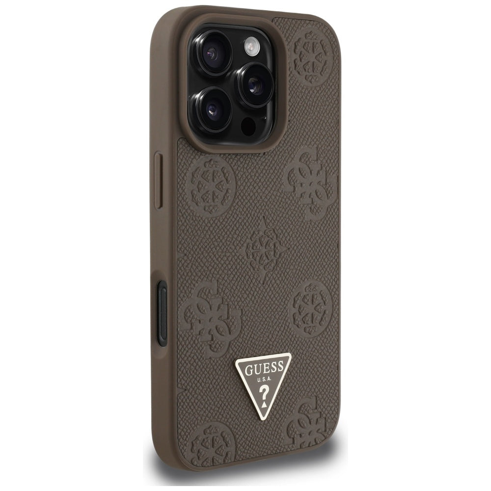 Husa MagSafe pentru Apple iPhone 16 Pro, Guess, Peony Grained Hot Stamp Triangle, Maro