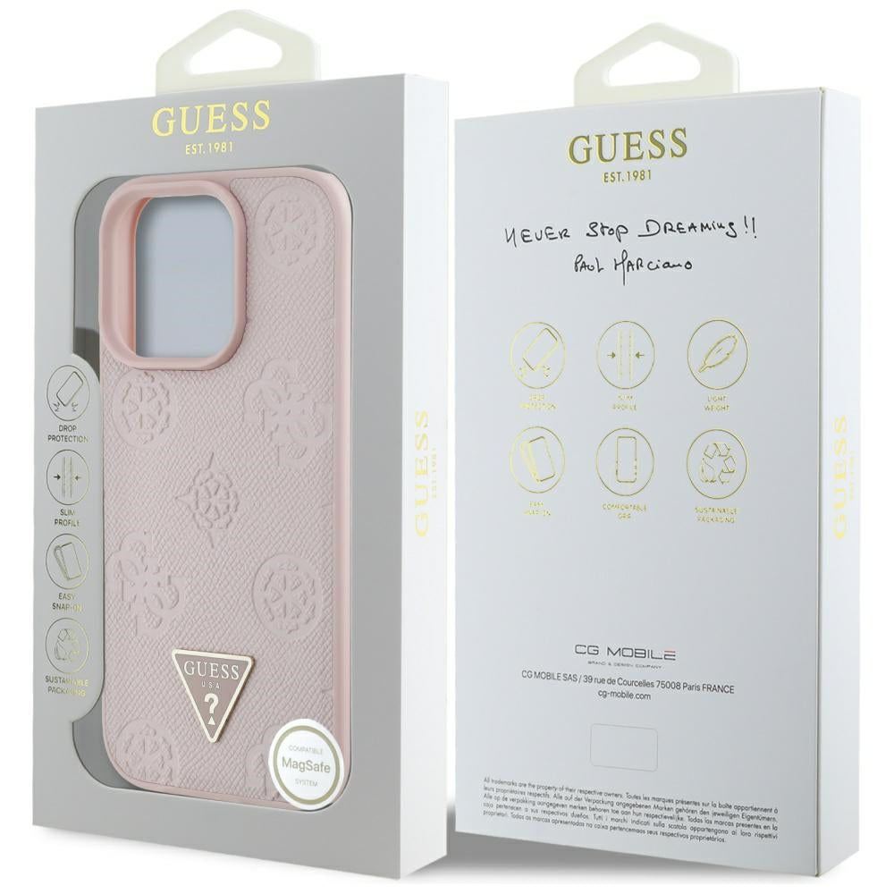 Husa MagSafe pentru Apple iPhone 16 Pro, Guess, Peony Grained Hot Stamp Triangle, Roz