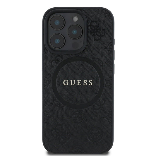 Husa MagSafe pentru Apple iPhone 16 Pro, Guess, Saffiano Peony Classic Logo, Neagra