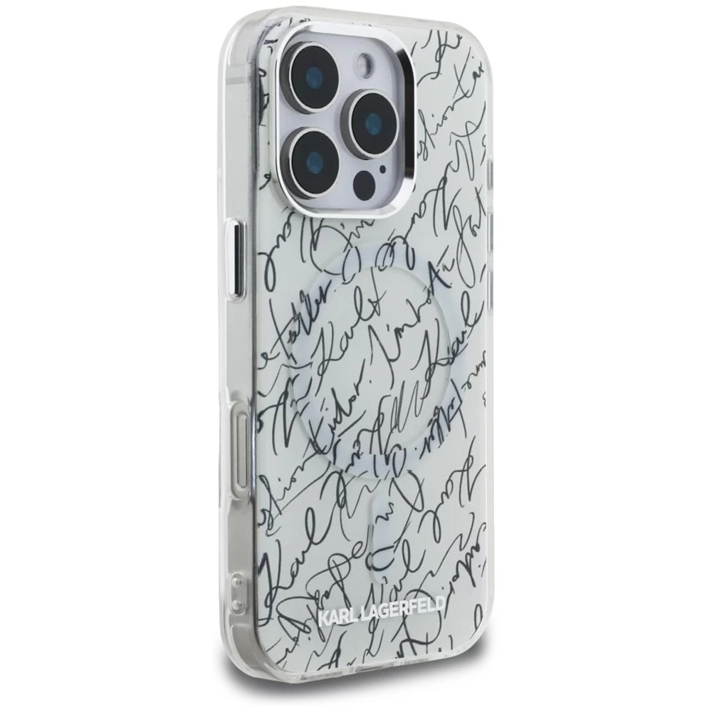 Husa MagSafe pentru Apple iPhone 16 Pro, Karl Lagerfeld, IML Karl Script Pattern, Alba
