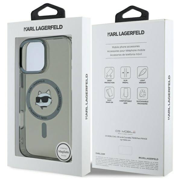 Husa MagSafe pentru Apple iPhone 16 Pro, Karl Lagerfeld, IML Metal Choupette's Head, Neagra