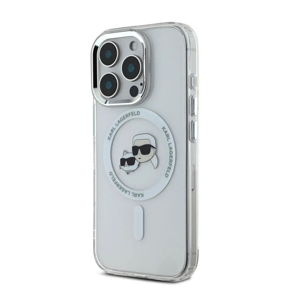 Husa MagSafe pentru Apple iPhone 16 Pro, Karl Lagerfeld, IML Metal Karl & Choupette's Heads, Alba