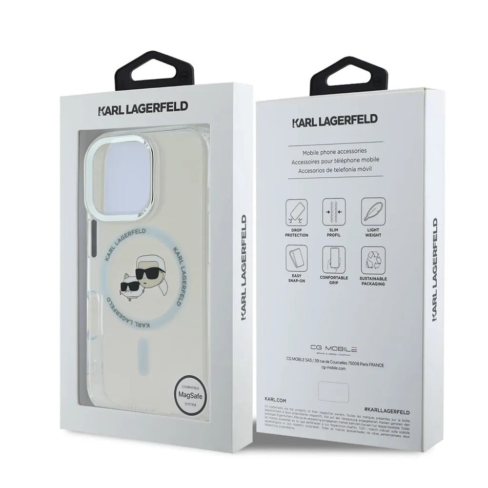 Husa MagSafe pentru Apple iPhone 16 Pro, Karl Lagerfeld, IML Metal Karl & Choupette's Heads, Alba