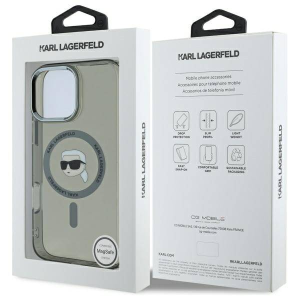 Husa MagSafe pentru Apple iPhone 16 Pro, Karl Lagerfeld, IML Metal Karl's Head, Neagra