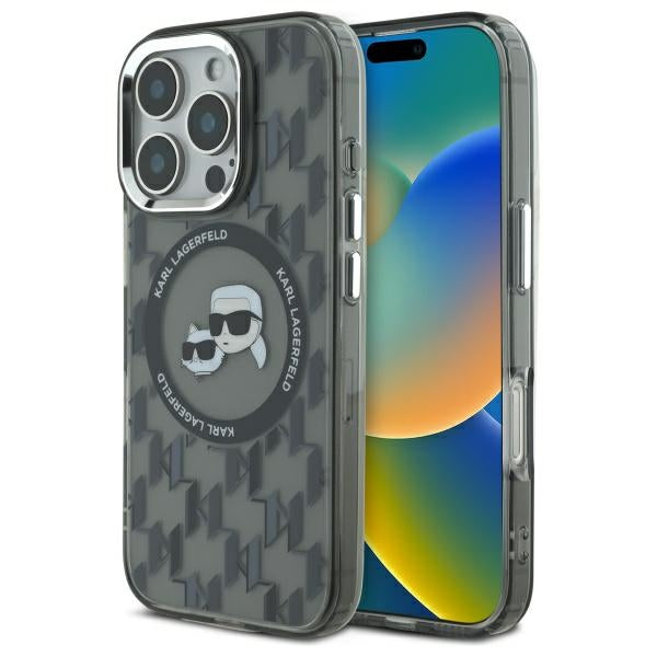Husa MagSafe pentru Apple iPhone 16 Pro, Karl Lagerfeld, IML Monogram Karl & Choupette's Heads, Neagra