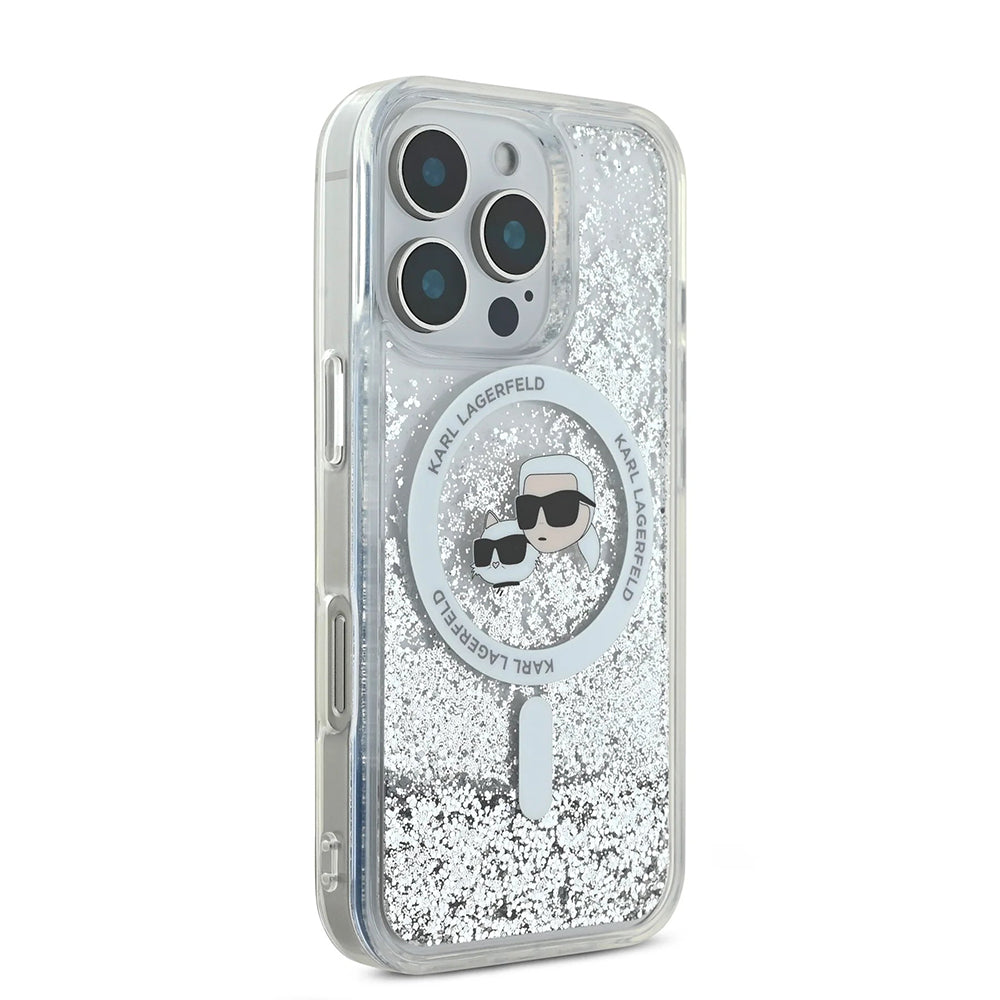 Husa MagSafe pentru Apple iPhone 16 Pro, Karl Lagerfeld, Liquid Glitter Karl & Choupette's Heads, Transparenta
