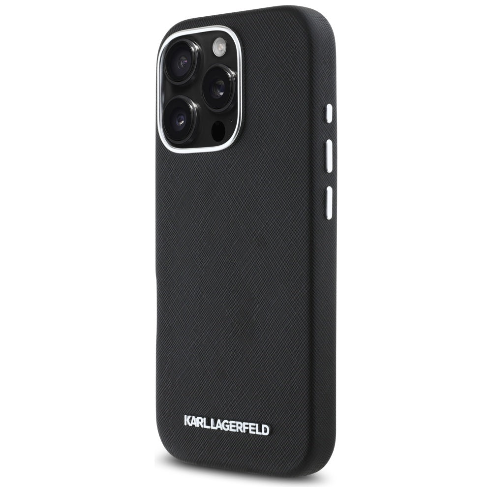 Husa MagSafe pentru Apple iPhone 16 Pro, Karl Lagerfeld, Saffiano Full Wrapped Elongated Metal Logo, Neagra