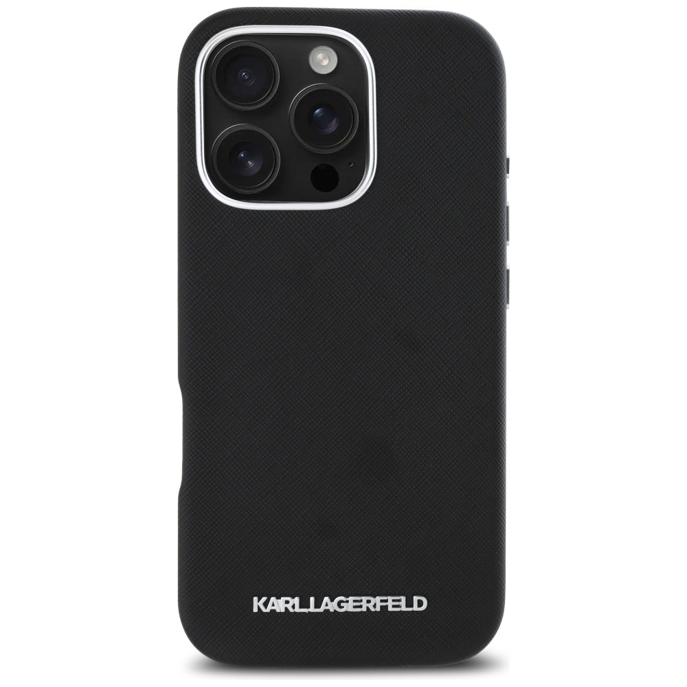 Husa MagSafe pentru Apple iPhone 16 Pro, Karl Lagerfeld, Saffiano Full Wrapped Elongated Metal Logo, Neagra