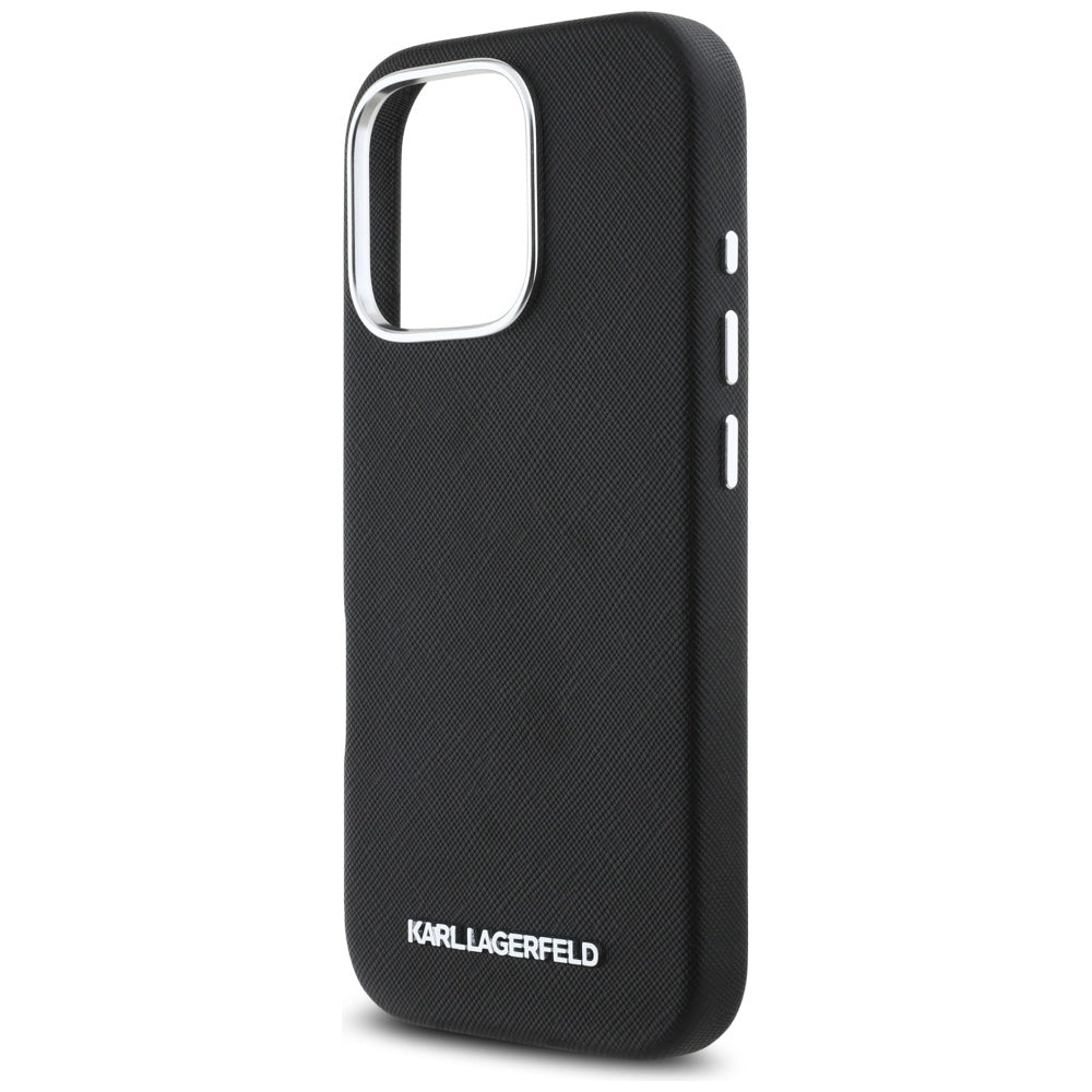Husa MagSafe pentru Apple iPhone 16 Pro, Karl Lagerfeld, Saffiano Full Wrapped Elongated Metal Logo, Neagra