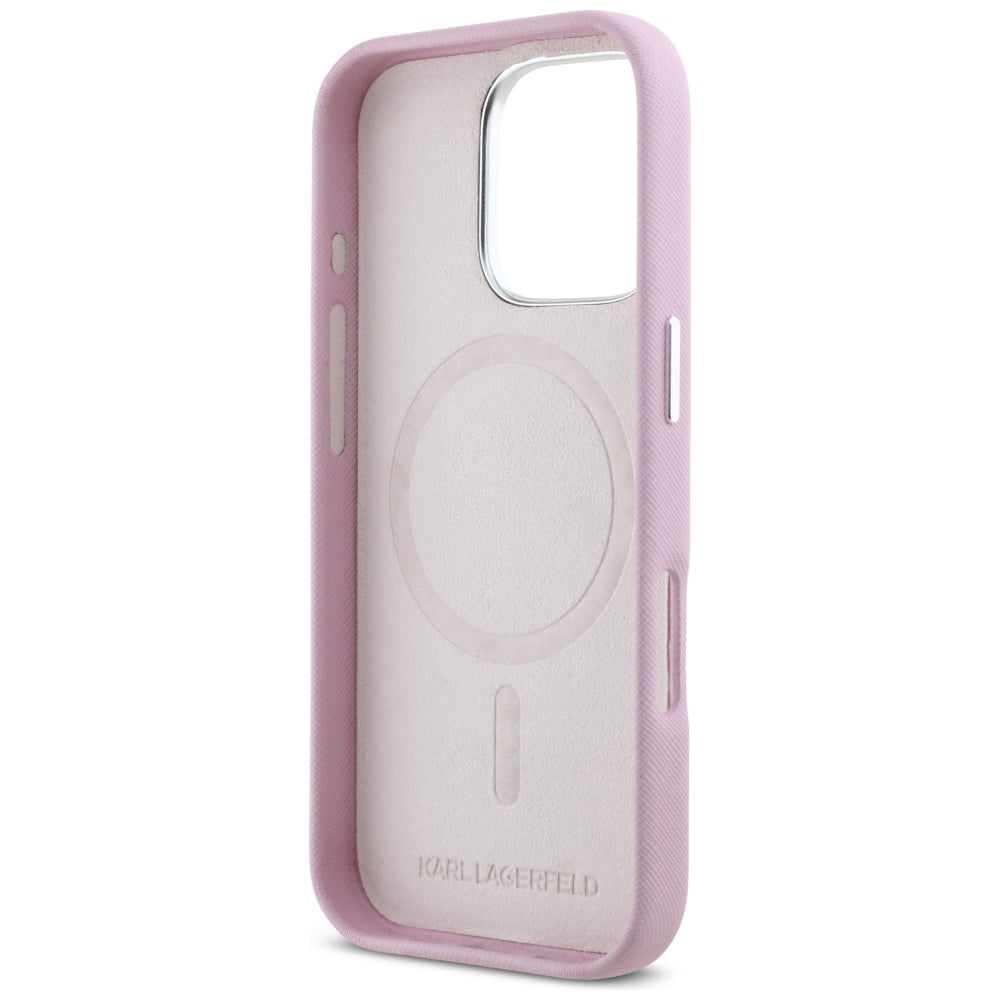 Husa MagSafe pentru Apple iPhone 16 Pro, Karl Lagerfeld, Saffiano Full Wrapped Elongated Metal Logo, Roz