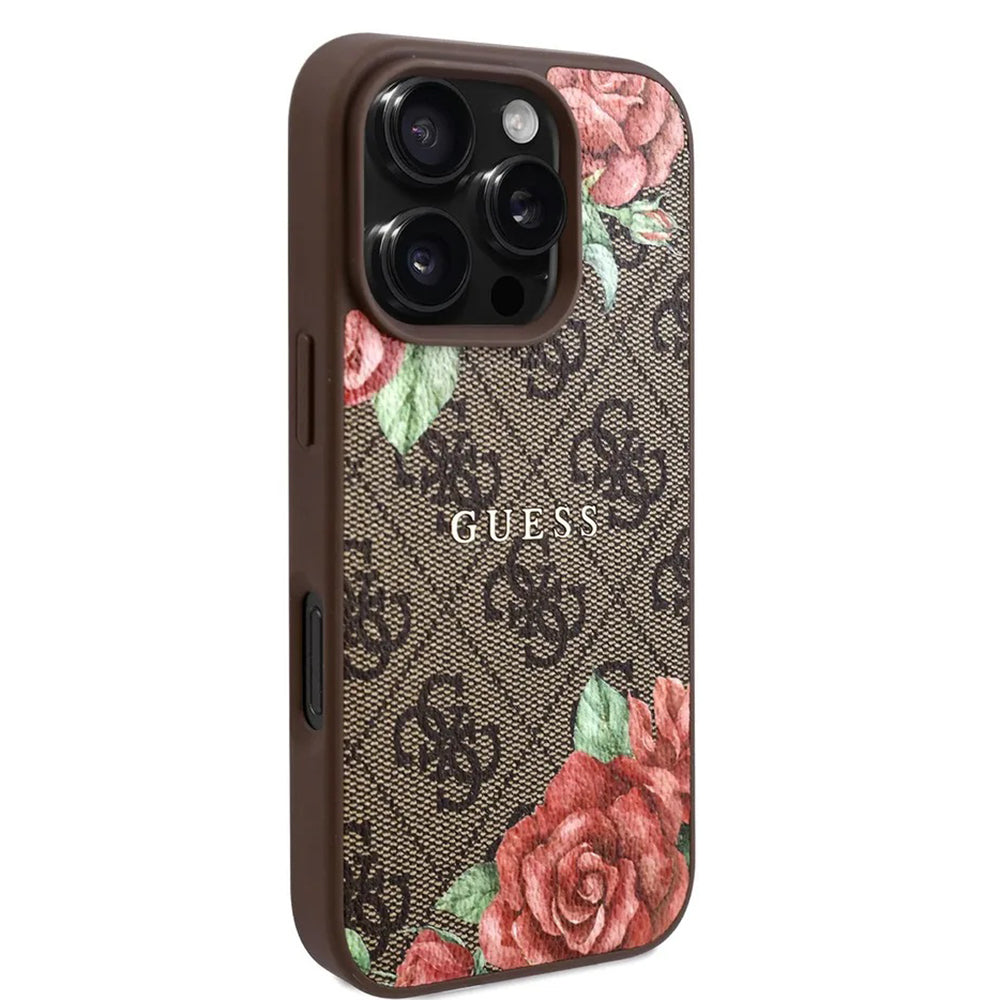 Husa MagSafe pentru Apple iPhone 16 Pro Max, Guess, 4G Flowers Print, Maro