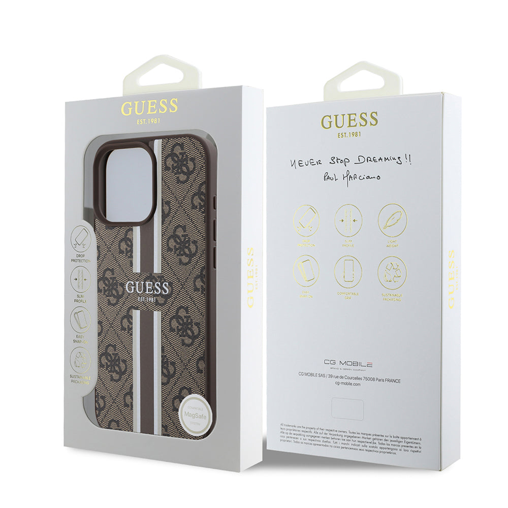 Husa MagSafe pentru Apple iPhone 16 Pro Max, Guess, 4G Printed Stripes, Maro