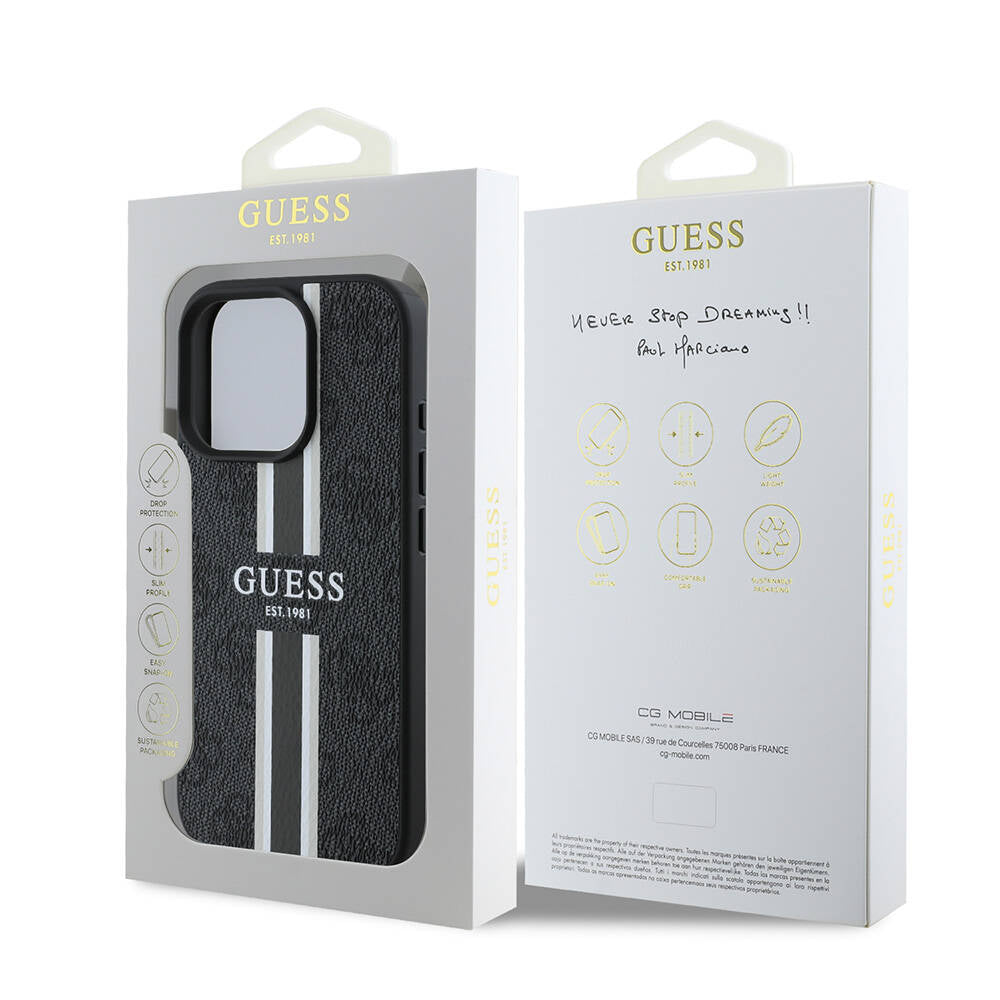 Husa MagSafe pentru Apple iPhone 16 Pro Max, Guess, 4G Printed Stripes, Neagra