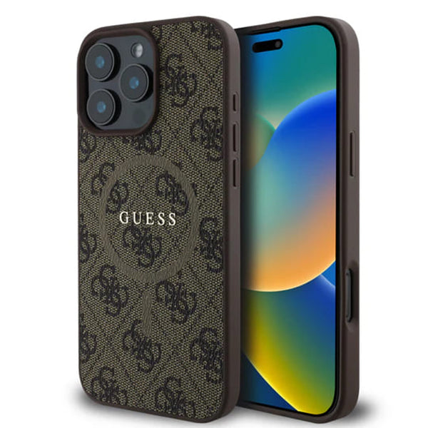 Husa MagSafe pentru Apple iPhone 16 Pro Max, Guess, 4G Ring Classic Logo, Maro