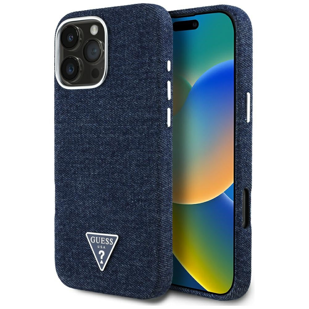 Husa MagSafe pentru Apple iPhone 16 Pro Max, Guess, Denim Triangle Logo, Albastra