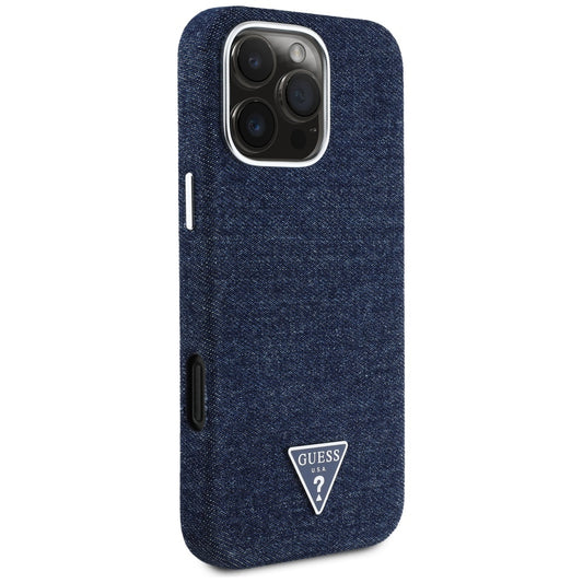 Husa MagSafe pentru Apple iPhone 16 Pro Max, Guess, Denim Triangle Logo, Albastra